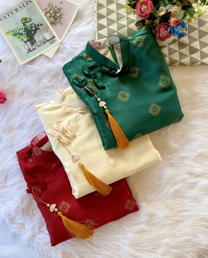 Vietnamese Boys Ao Dai – Brocade Silk Traditional Outfit for Wedding, Tet, Lunar New Year – Red Green Beige