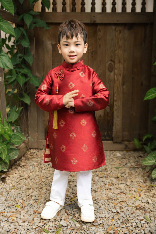 Vietnamese Boys Ao Dai – Brocade Silk Traditional Outfit for Wedding, Tet, Lunar New Year – Red Green Beige