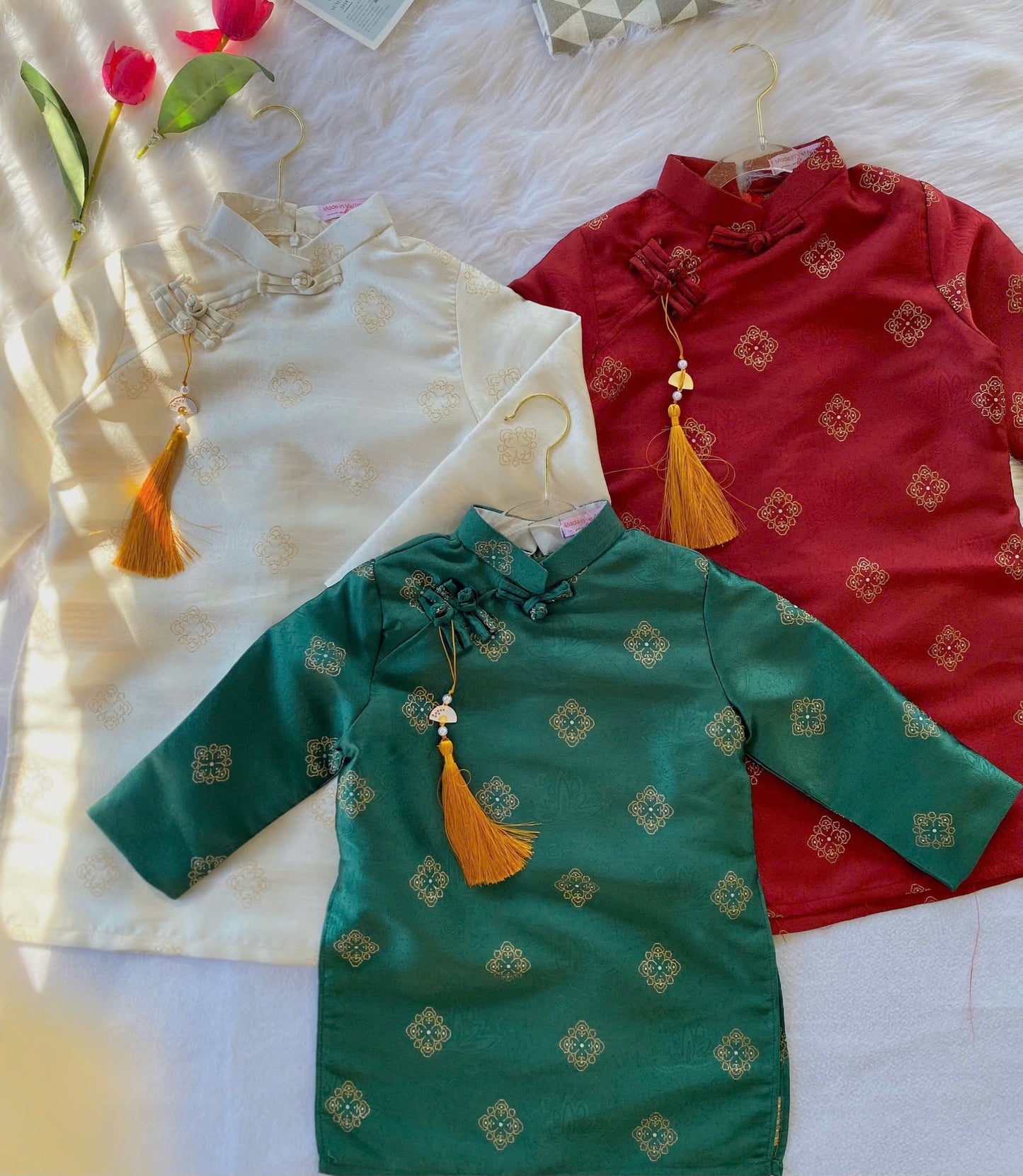 Vietnamese Boys Ao Dai – Brocade Silk Traditional Outfit for Wedding, Tet, Lunar New Year – Red Green Beige