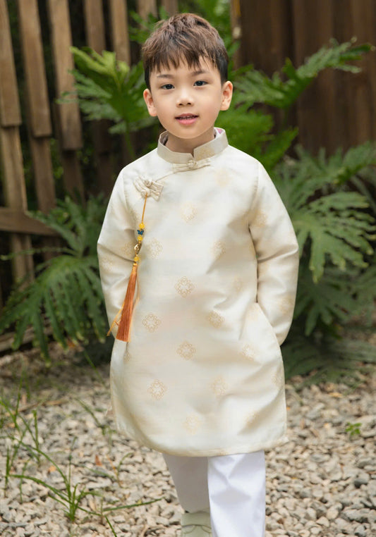 Vietnamese Boys Ao Dai – Brocade Silk Traditional Outfit for Wedding, Tet, Lunar New Year – Red Green Beige