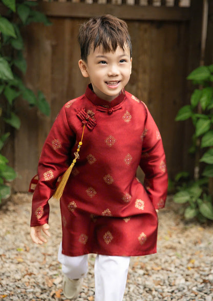 Vietnamese Boys Ao Dai – Brocade Silk Traditional Outfit for Wedding, Tet, Lunar New Year – Red Green Beige