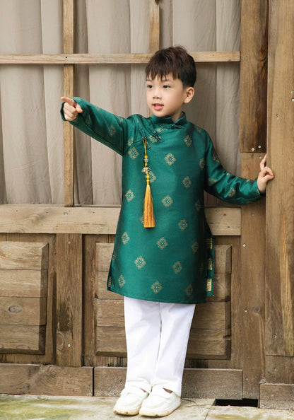 Vietnamese Boys Ao Dai – Brocade Silk Traditional Outfit for Wedding, Tet, Lunar New Year – Red Green Beige