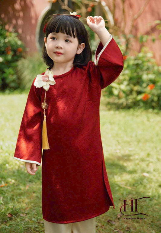Red Silk Girl's Ao Dai Set - Ao Dai For Daughter - Vietnamese Ao Dai