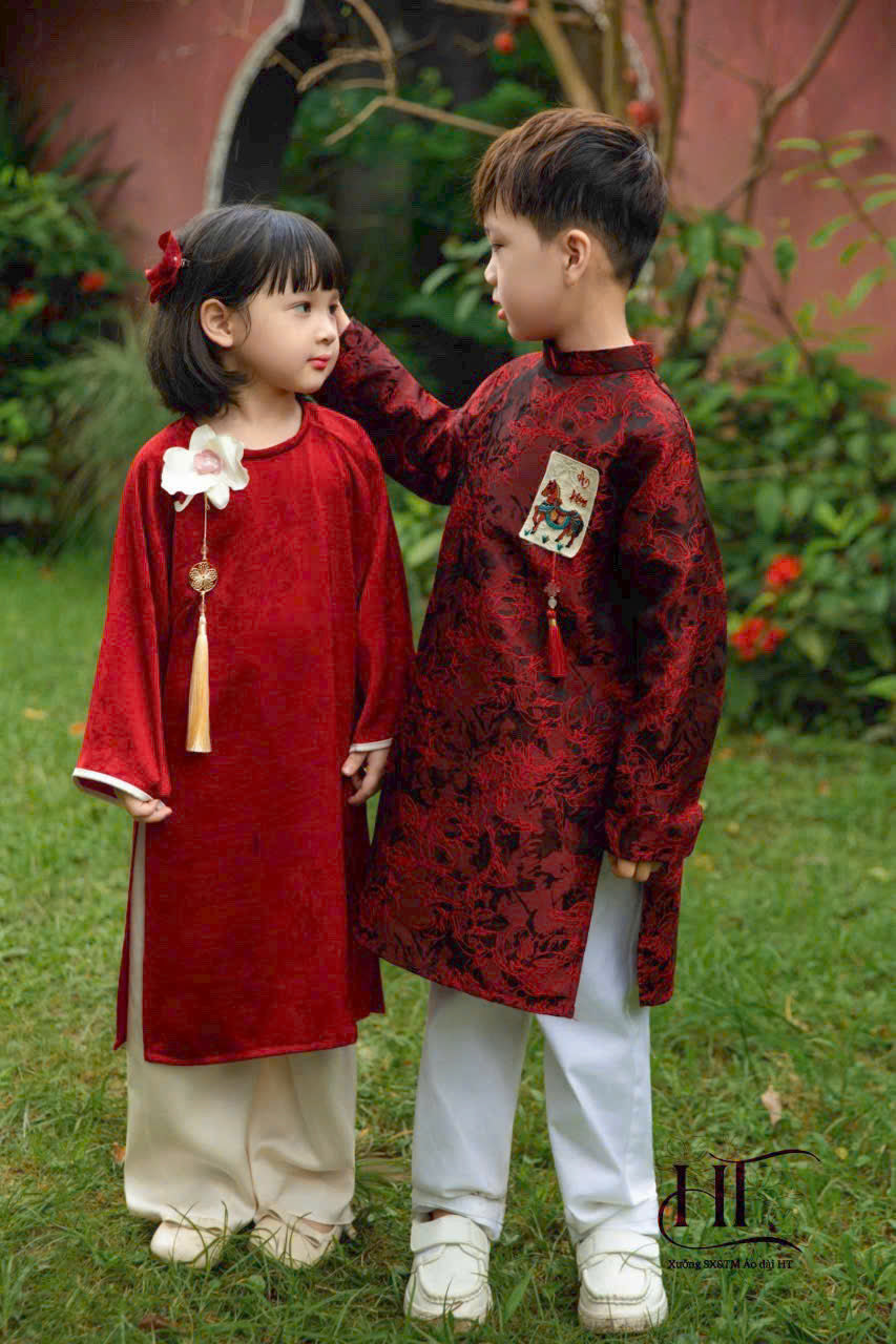 Red Silk Girl's Ao Dai Set - Ao Dai For Daughter - Vietnamese Ao Dai