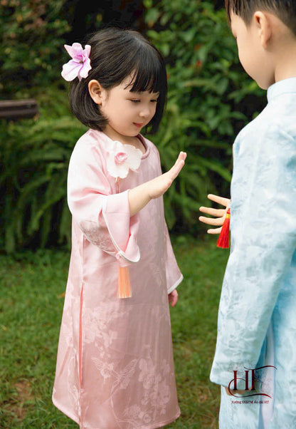 Pink Silk Girl's Ao Dai Set - Ao Dai For Daughter - Vietnamese Ao Dai