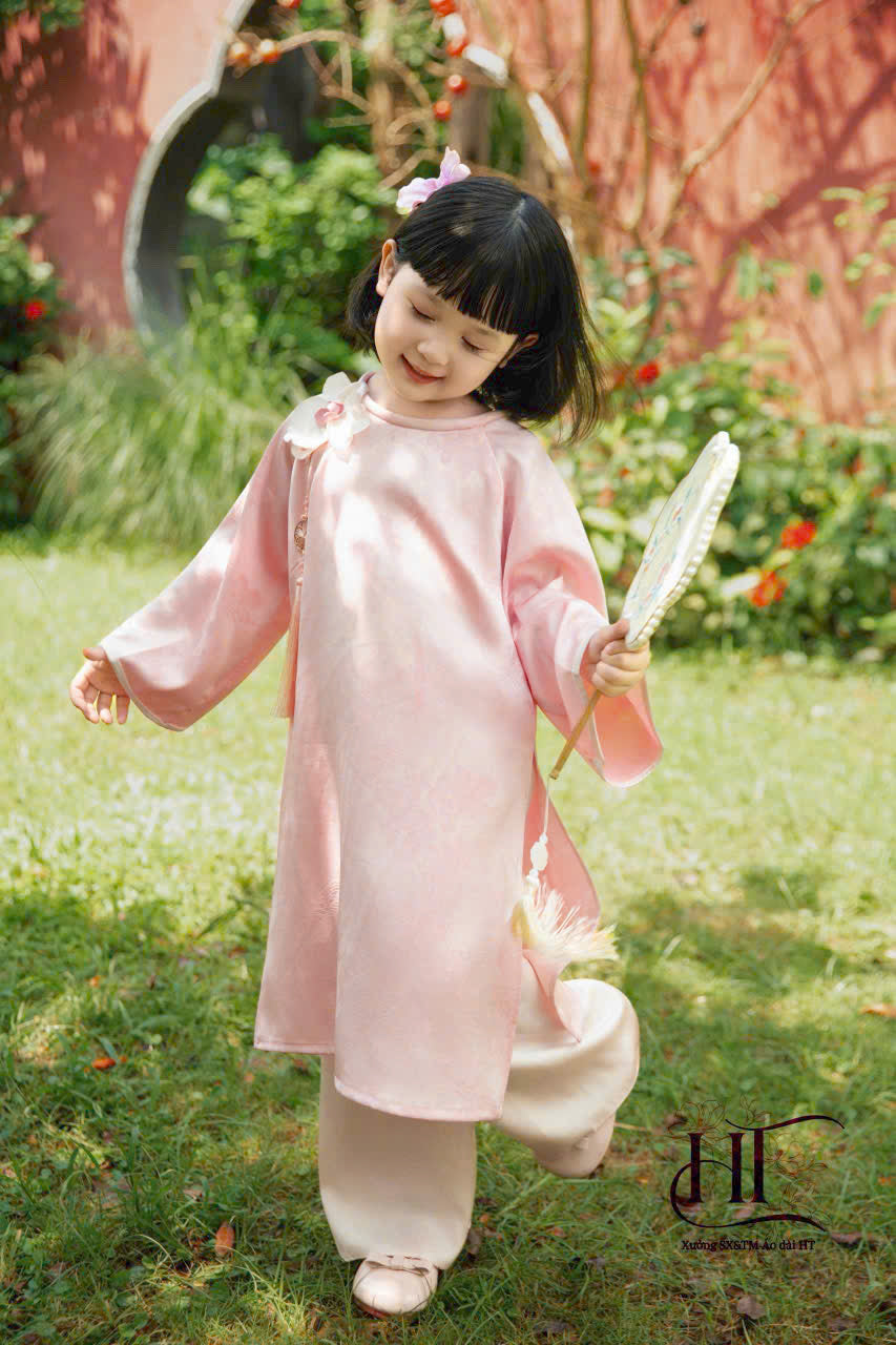 Pink Silk Girl's Ao Dai Set - Ao Dai For Daughter - Vietnamese Ao Dai