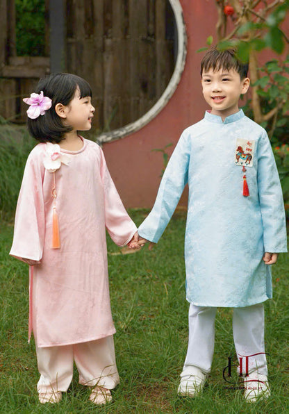Pink Silk Girl's Ao Dai Set - Ao Dai For Daughter - Vietnamese Ao Dai