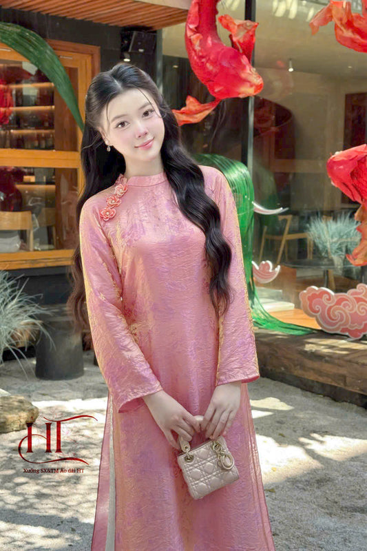 Dust Pink Modern Ao Dai - Vietnamese Ao Dai for Women - Tencel Silk Ao Dai
