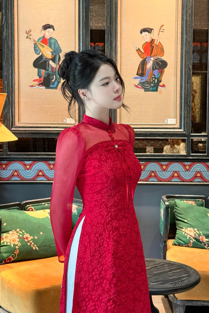 Pre-order Vietnamese Traditional Ao Dai Red - Women Ao Dai Set | Ao dai for Tết 2025