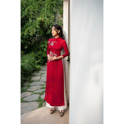 Red Lụa Mỹ Ao Dai | Rose Embroidered Ao Dai Women