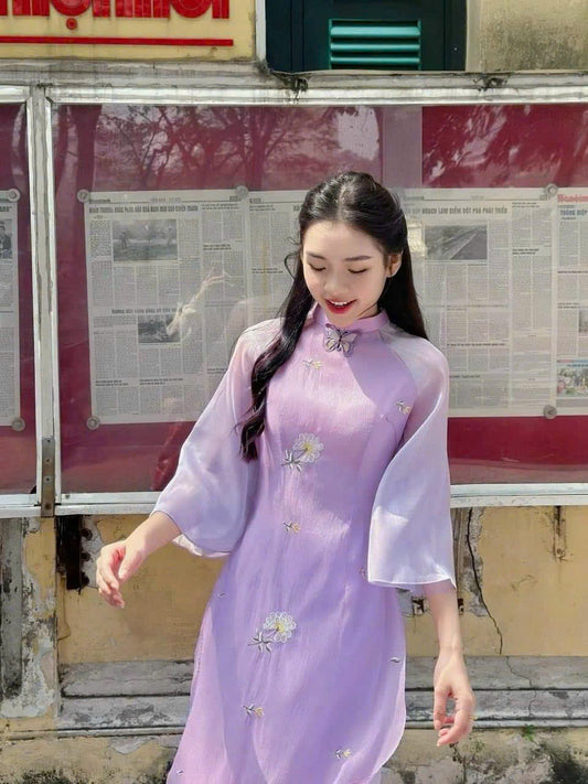 Purple Floral Embroidered Ao Dai - Women Ao Dai Set | Ao dai for New Year