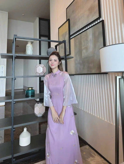 Purple Floral Embroidered Ao Dai - Women Ao Dai Set | Ao dai for New Year