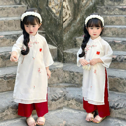 Peach blossom embroidered ao dai for daughter | White ao dai with red pants