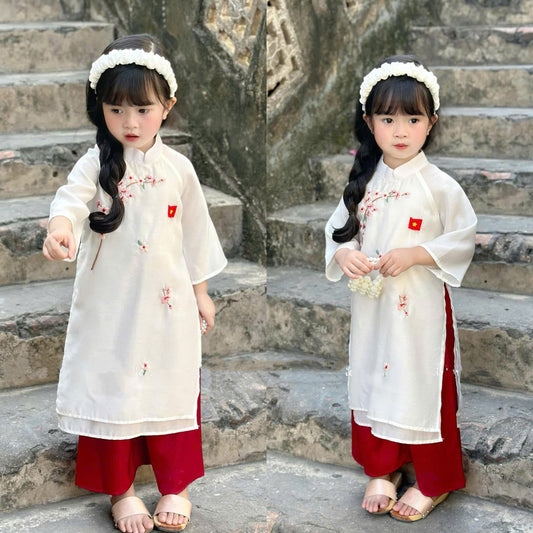 Peach blossom embroidered ao dai for daughter | White ao dai with red pants