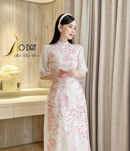 White\Pink Double Layer Sleeves Ao Dai Modern | Printed Floral Ao Dai Set