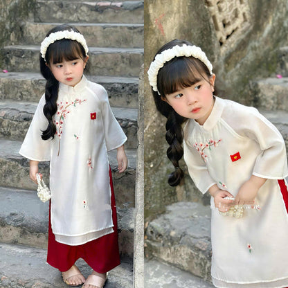 Peach blossom embroidered ao dai for daughter | White ao dai with red pants
