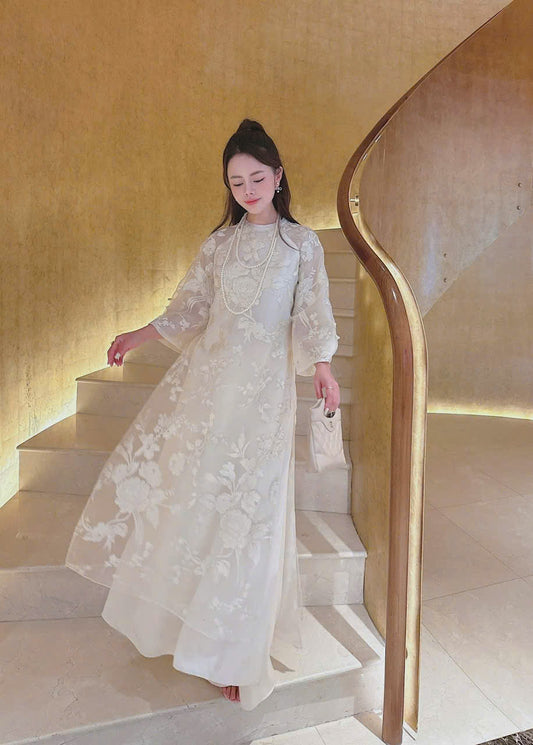 Cream Vietnamese Ao Dai with Floral embroidery Lace | Modern Vietnamese Ao Dai