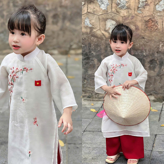 Peach blossom embroidered ao dai for daughter | White ao dai with red pants