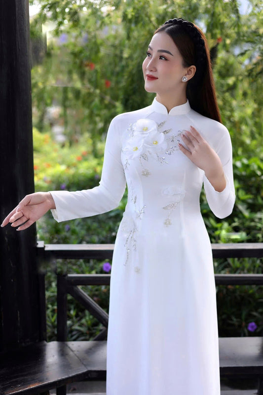 Vietnamese Traditional Ao Dai Dress - White Chiffon Silk With 3D Floral Embroidered