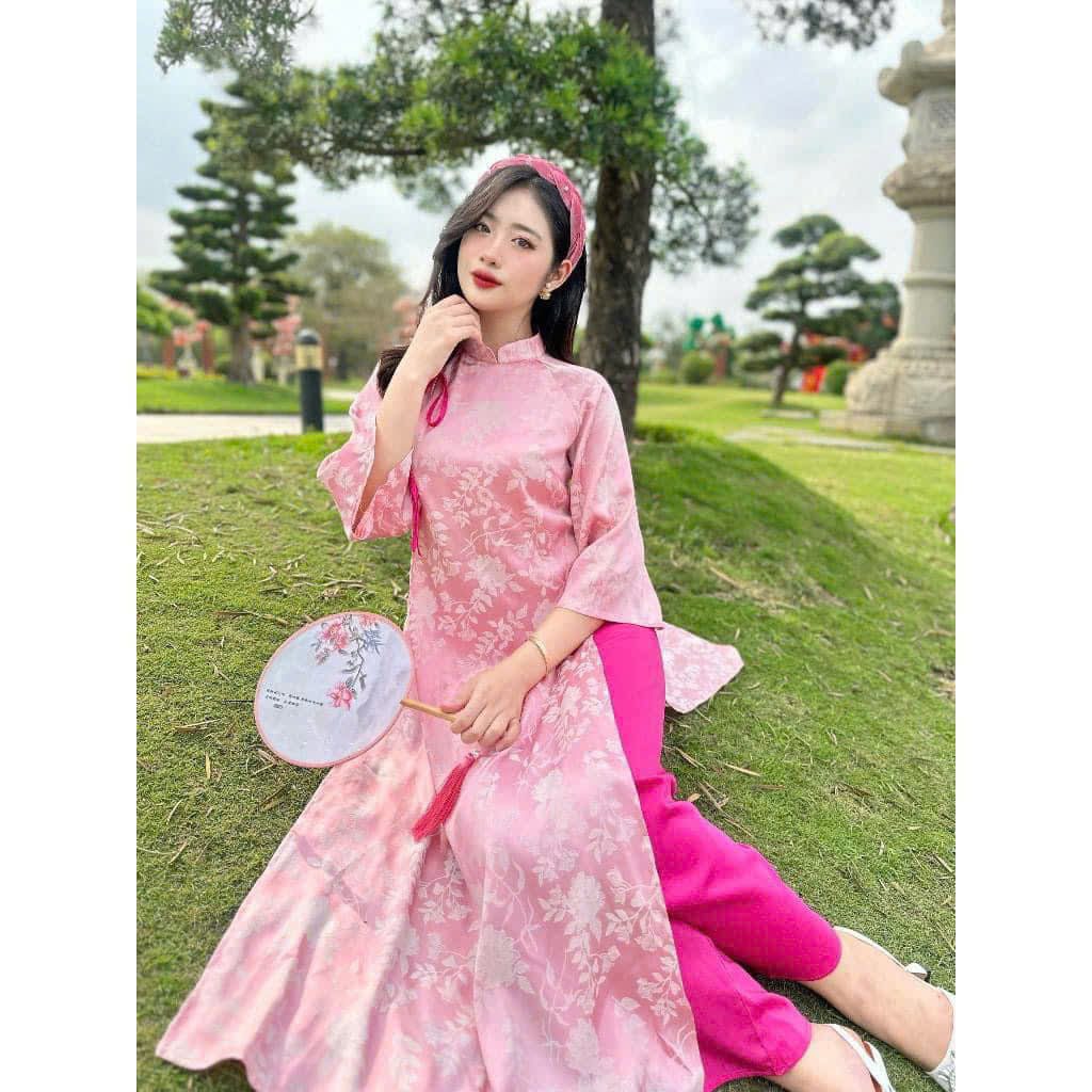 Floral Pattern Pink  Ao Dai | Pre-made Vietnamese Ao Dai For Women