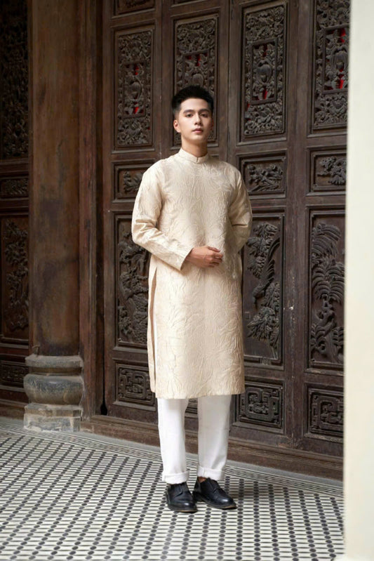 Hidden Lily Pattern Ao Dai For Men - Beige Ao Dai Men