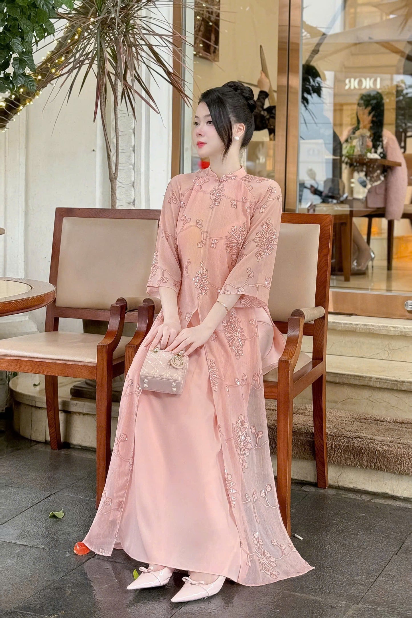 Elegant Pink Ao Dai Dress | Vietnamese Traditional Dress for Women | Lace Floral Embroidery | Wedding Engagement Tet Outfit
