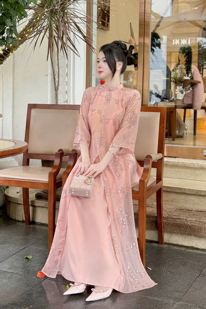 Elegant Pink Ao Dai Dress | Vietnamese Traditional Dress for Women | Lace Floral Embroidery | Wedding Engagement Tet Outfit