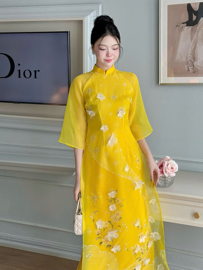 Mai Yellow Double Layers Organza - Sparkling Modern Ao Dai Set