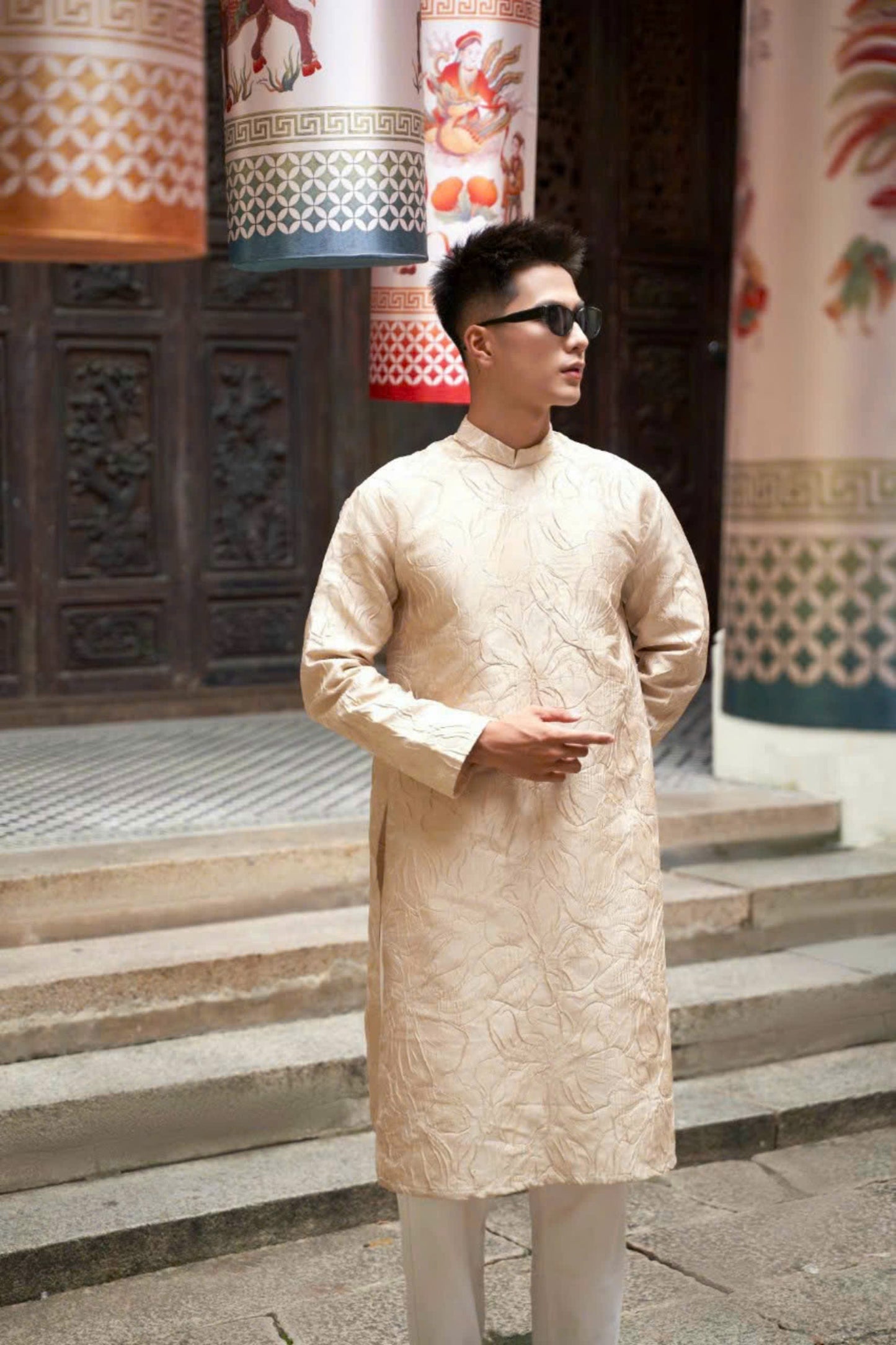 Hidden Lily Pattern Ao Dai For Men - Beige Ao Dai Men