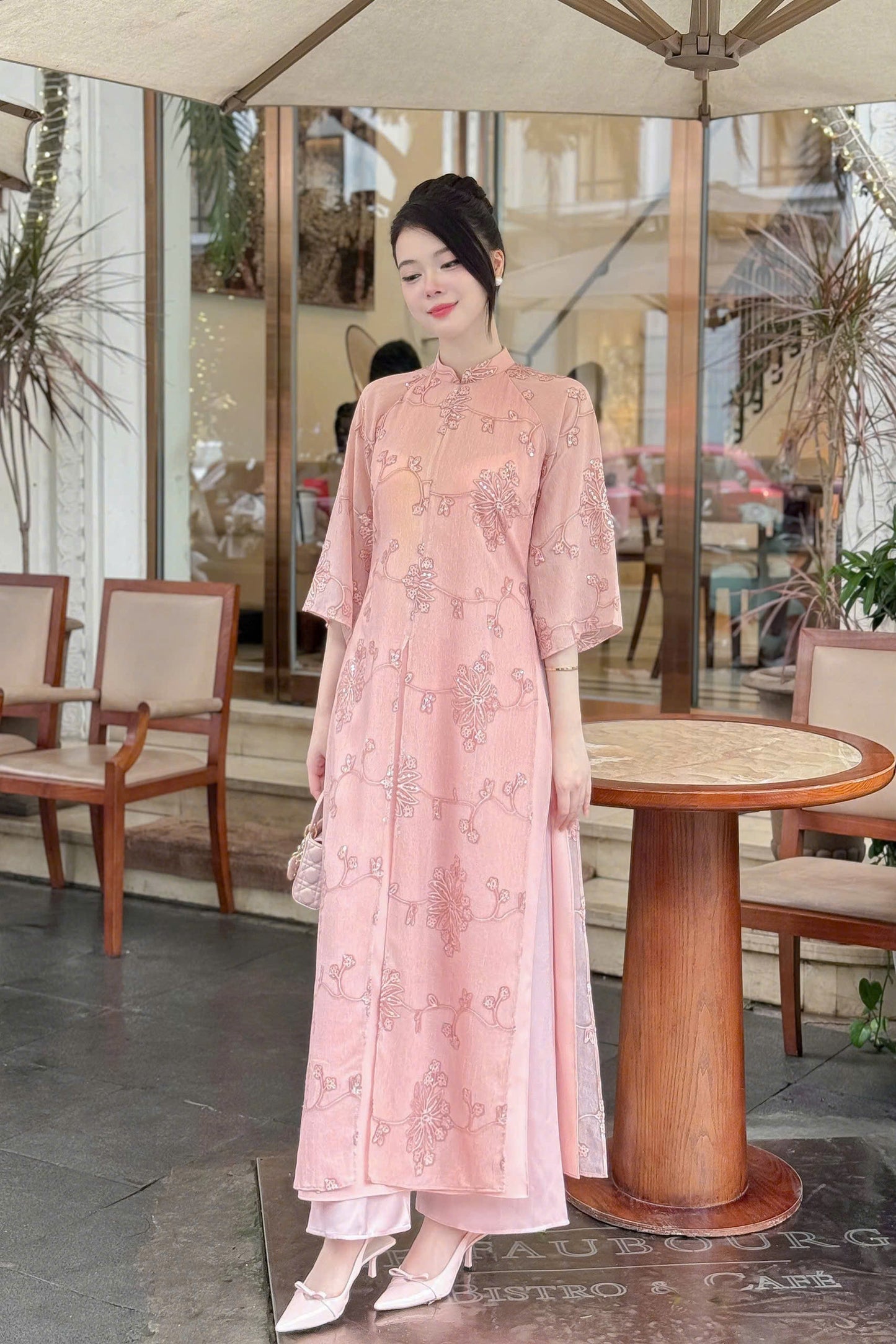 Elegant Pink Ao Dai Dress | Vietnamese Traditional Dress for Women | Lace Floral Embroidery | Wedding Engagement Tet Outfit