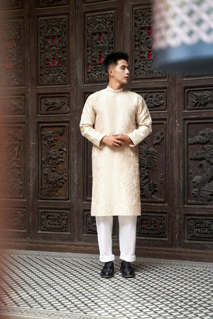 Hidden Lily Pattern Ao Dai For Men - Beige Ao Dai Men