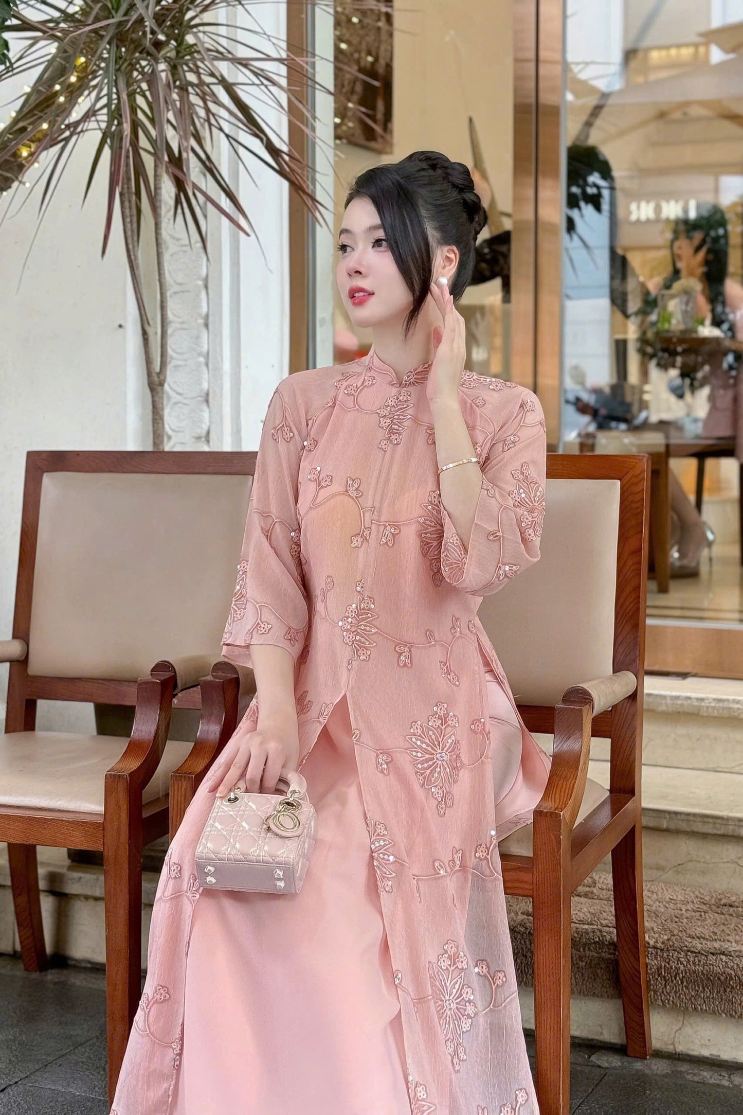 Elegant Pink Ao Dai Dress | Vietnamese Traditional Dress for Women | Lace Floral Embroidery | Wedding Engagement Tet Outfit