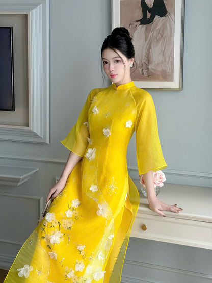 Mai Yellow Double Layers Organza - Sparkling Modern Ao Dai Set