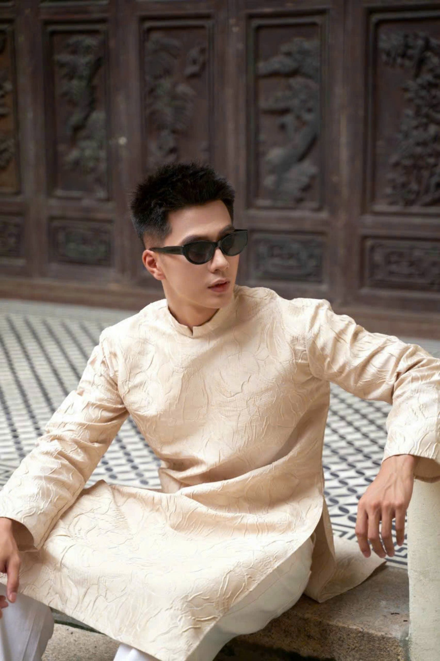 Hidden Lily Pattern Ao Dai For Men - Beige Ao Dai Men