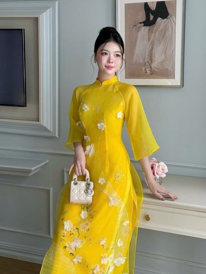 Mai Yellow Double Layers Organza - Sparkling Modern Ao Dai Set