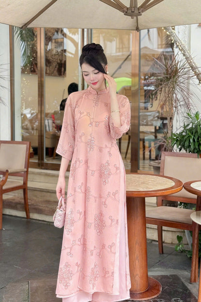 Elegant Pink Ao Dai Dress | Vietnamese Traditional Dress for Women | Lace Floral Embroidery | Wedding Engagement Tet Outfit