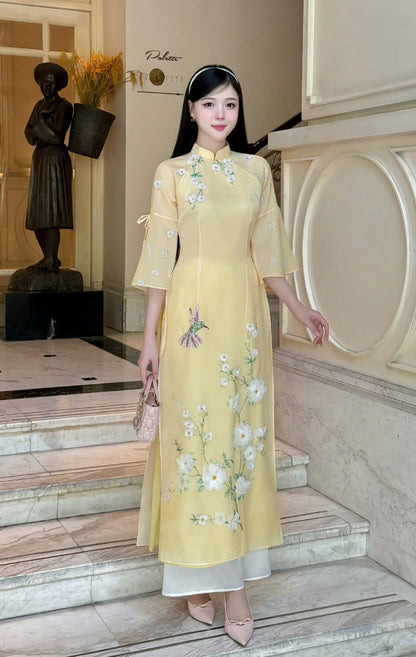 Pastel Yellow Beaded Ao Dai Modern - Áo Dài Cách Tân