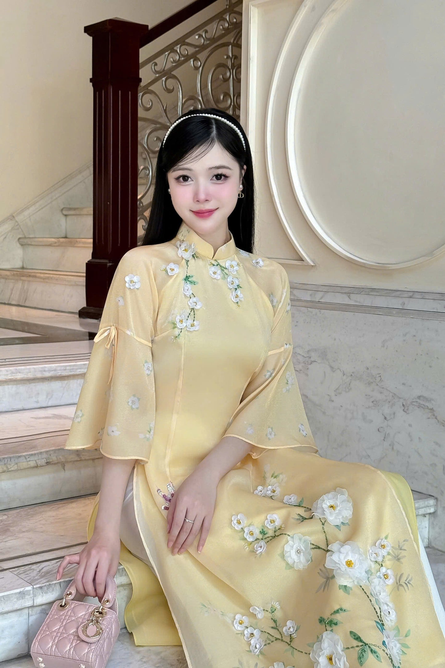 Pastel Yellow Beaded Ao Dai Modern - Áo Dài Cách Tân