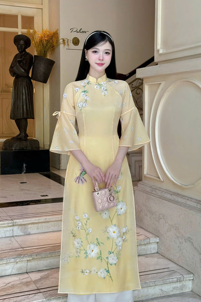 Pastel Yellow Beaded Ao Dai Modern - Áo Dài Cách Tân