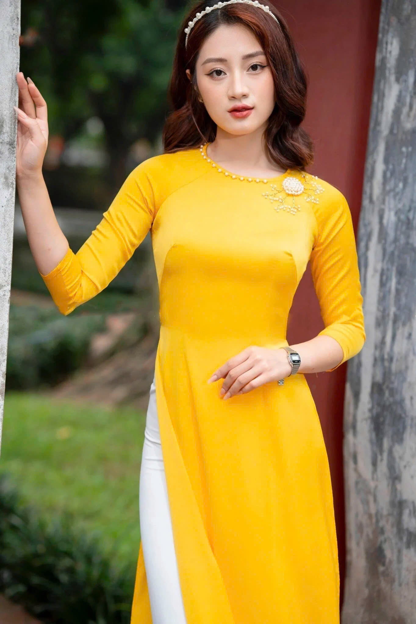 Yellow Ao Dai Silk With Pearls Round Neck | Pre-made Vietnamese Ao Dai For Women