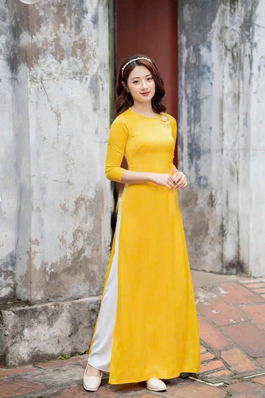 Yellow Ao Dai Silk With Pearls Round Neck | Pre-made Vietnamese Ao Dai For Women