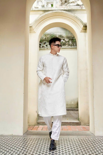 Hidden Lily Pattern Ao Dai For Men - White Ao Dai Men