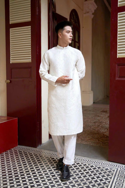 Hidden Lily Pattern Ao Dai For Men - White Ao Dai Men