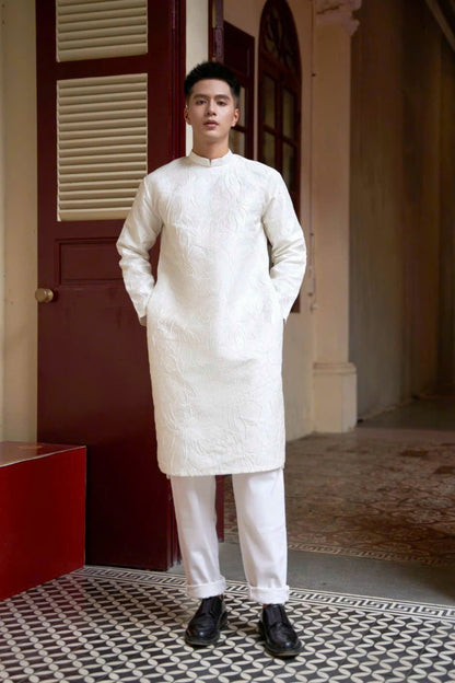 Hidden Lily Pattern Ao Dai For Men - White Ao Dai Men