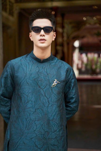 Lily Floral Motif Ao Dai For Men - Dark Green Gam Ao Dai Men