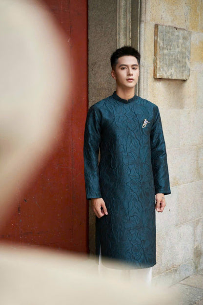 Lily Floral Motif Ao Dai For Men - Dark Green Gam Ao Dai Men