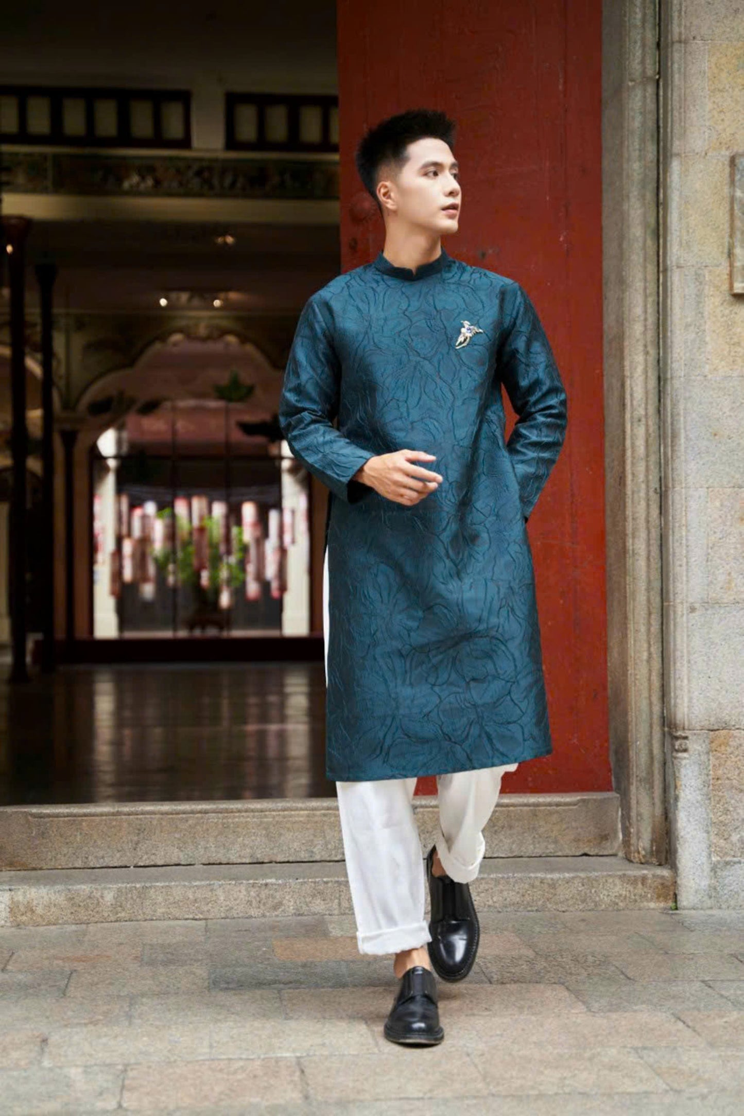 Lily Floral Motif Ao Dai For Men - Dark Green Gam Ao Dai Men