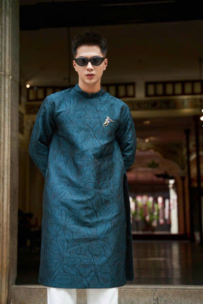 Lily Floral Motif Ao Dai For Men - Dark Green Gam Ao Dai Men