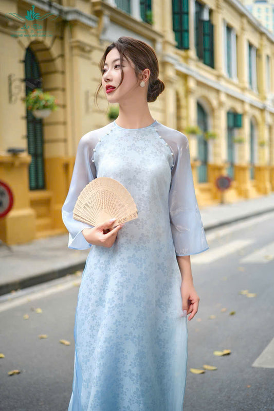 Blue Mini Floral Ao Dai Set | Traditional Vietnamese Dress