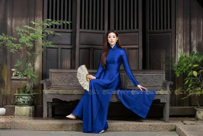 Blue Vietnamese Traditional Ao Dai Dress - High Collar- Black Pant